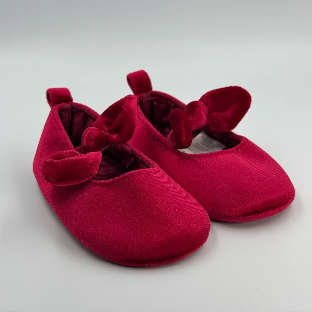 Carter’s Just One You Red Velvet Velour Baby Slip On Dress Shoes with Bows 0-3